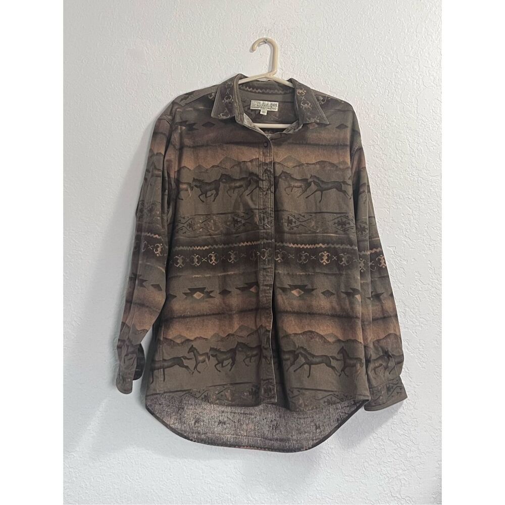 Cabela's Flannel Shirt Men's XL Brown Southwest Aztec Running Horses LS